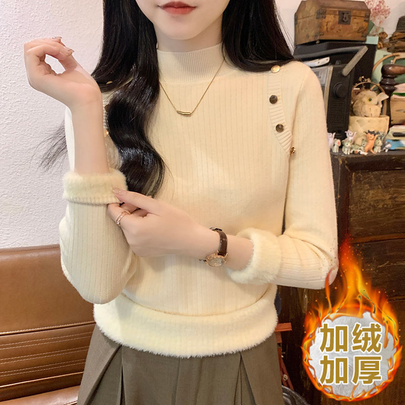 Real shot of one-piece mink velvet half turtleneck knitted bottoming shirt for women in autumn and winter soft waxy sweater warm inner top