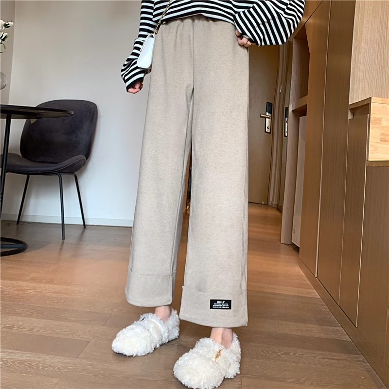 Actual shot-Longfeng nylon woolen wide-leg pants for women in autumn and winter, drapey thickened casual pants for women
