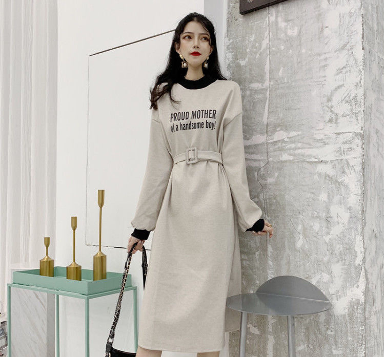 Dress 2023 Autumn and Winter New Korean Style Retro Versatile Slit Waist Knee Mid-Length Women's Sweater Dress