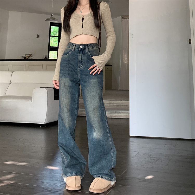 Actual shot of 2023 autumn and winter high-waisted straight jeans for women, loose floor-length trousers