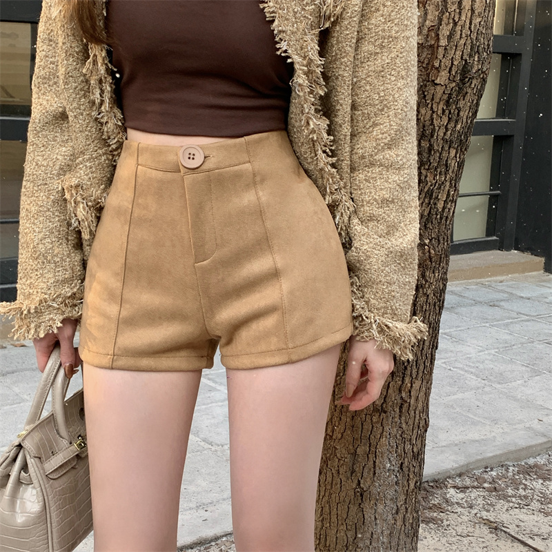 Real shot of hot girl buckskin velvet high waisted hip shorts, tight leggings, boot pants, casual pants for women