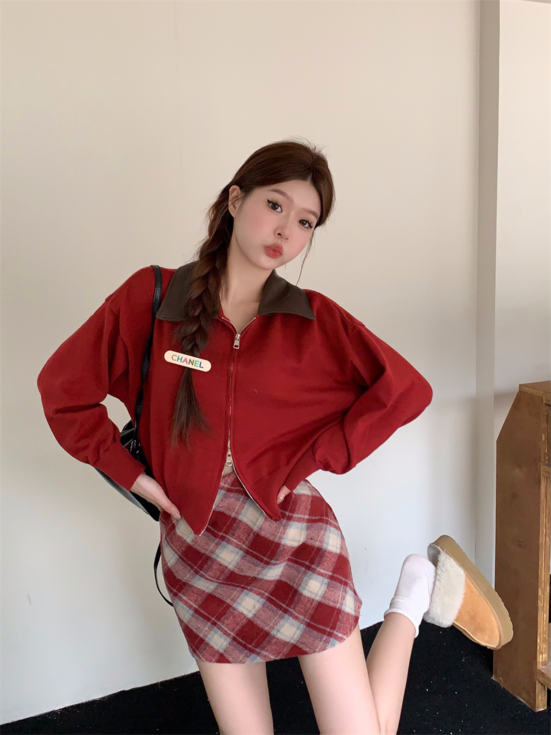 Actual shot of the new autumn and winter POLO collar spliced ​​double zipper lazy style long-sleeved sweater knitted cardigan jacket