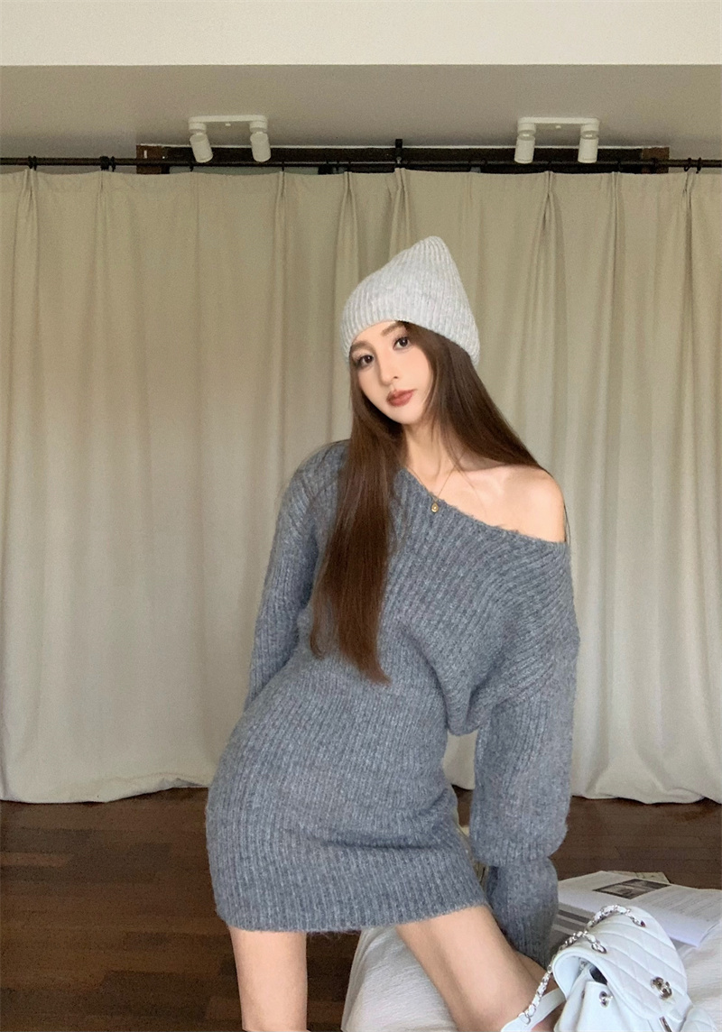 Real shot Korean style fashionable off-shoulder knitted sweater dress