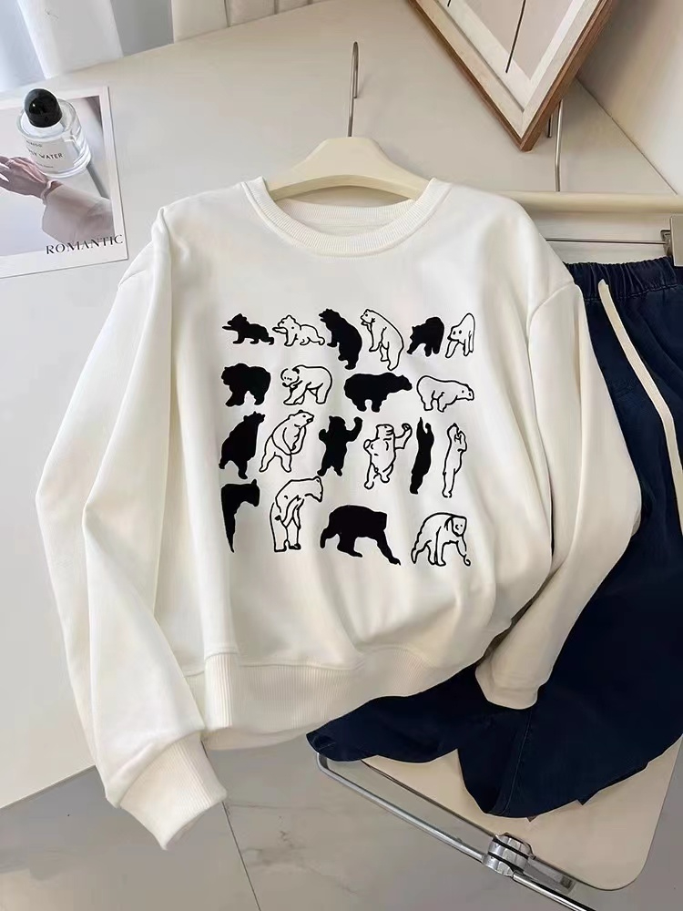 Chinese cotton composite thin 310g cute bear sweatshirt women's pullover top