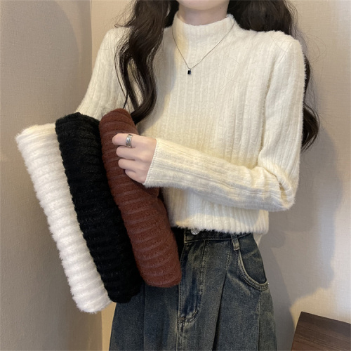 Real shot of mink velvet white knitted sweater for women in autumn and winter with velvet half turtleneck bottoming top