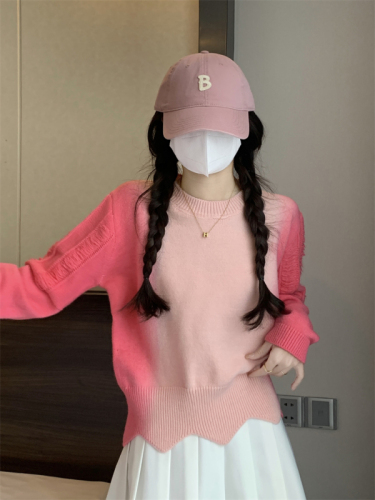 Actual shot of Korean design gradient round neck long-sleeved knitted loose and slim versatile top