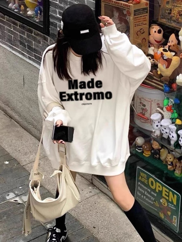 美式山東即墨衛衣女春秋季薄款設計感小眾oversize慵懶風白色上衣