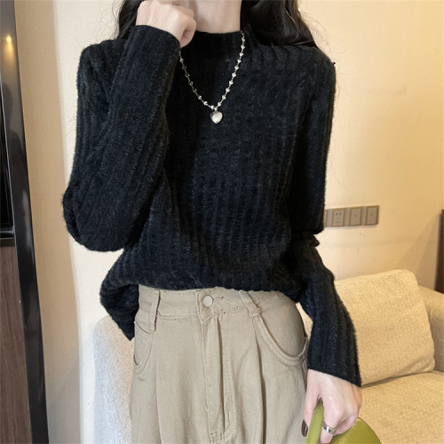 Real shot of mink velvet white knitted sweater for women in autumn and winter with velvet half turtleneck bottoming top