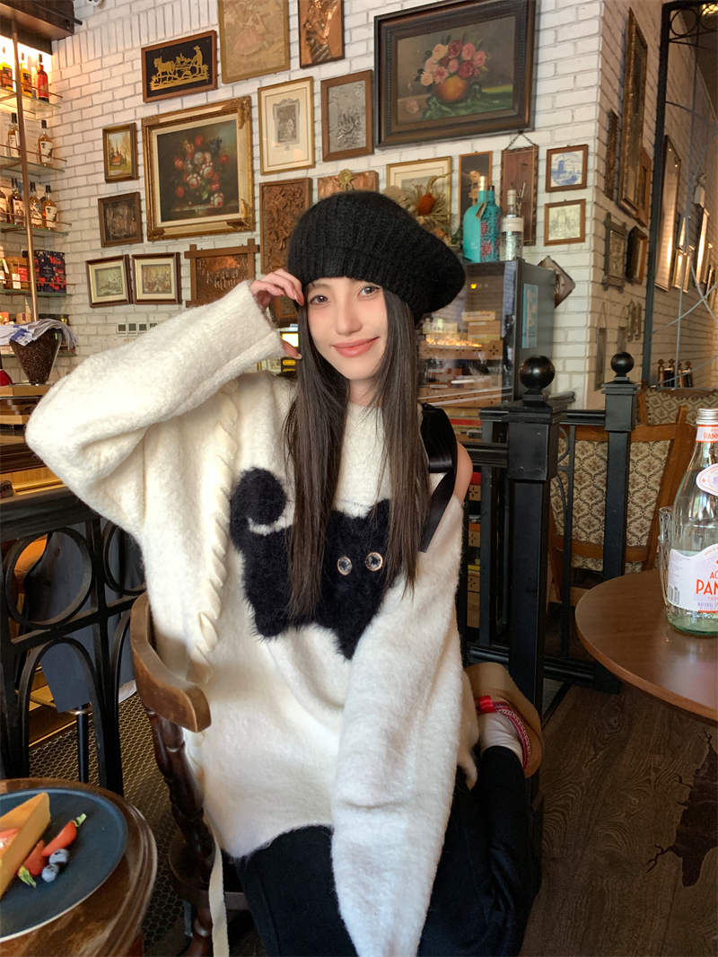Real shot ~ Daze little black cat shoulder design sexy fufu autumn and winter lazy style pullover sweater jacket for women