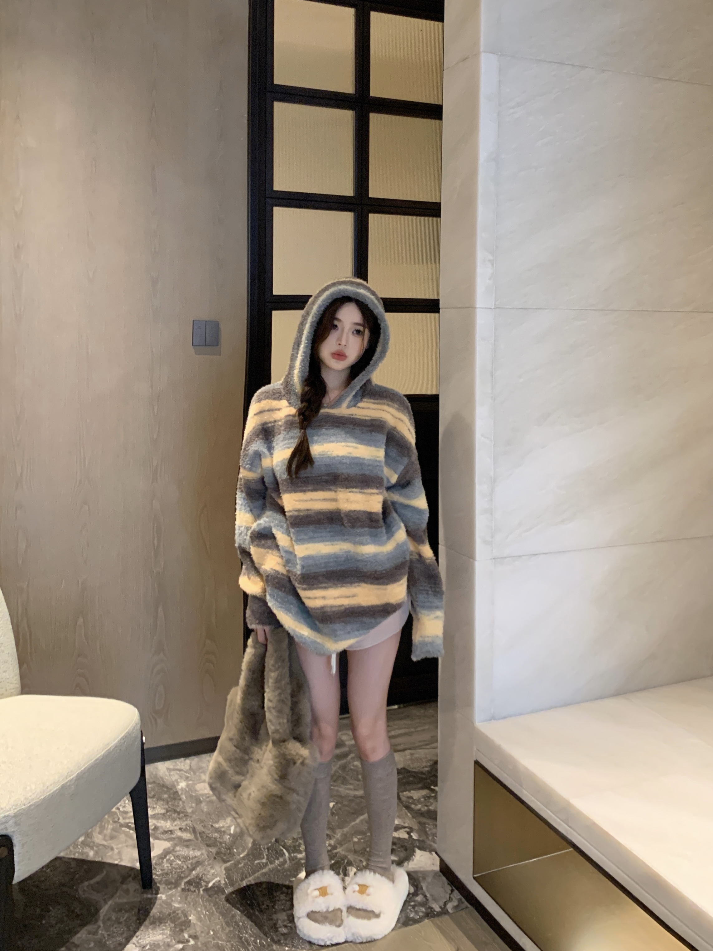 實拍 新款韓版慵懶風加厚軟糯扎染漸變毛絨絨連帽套頭毛衣女