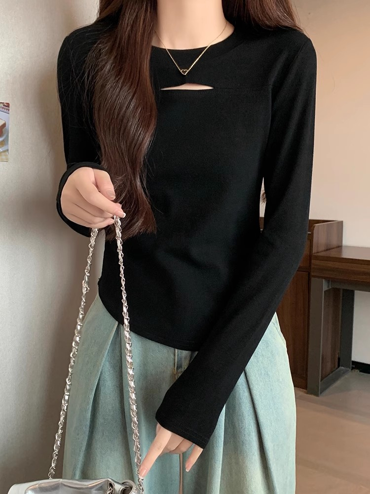 2023 tops European black slimming unique hollow long-sleeved German velvet bottoming shirt autumn and winter niche inner wear for women