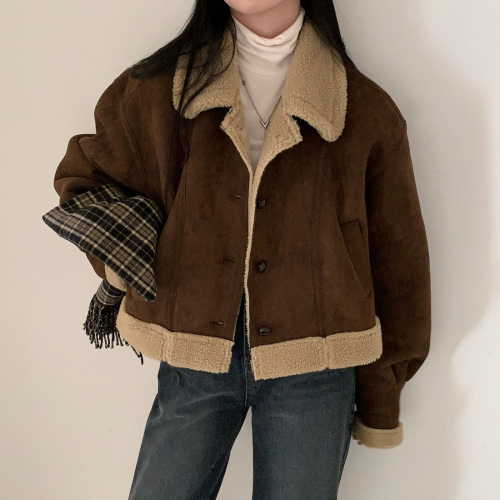 Korean ins single-breasted warm and thickened fur one-piece jacket