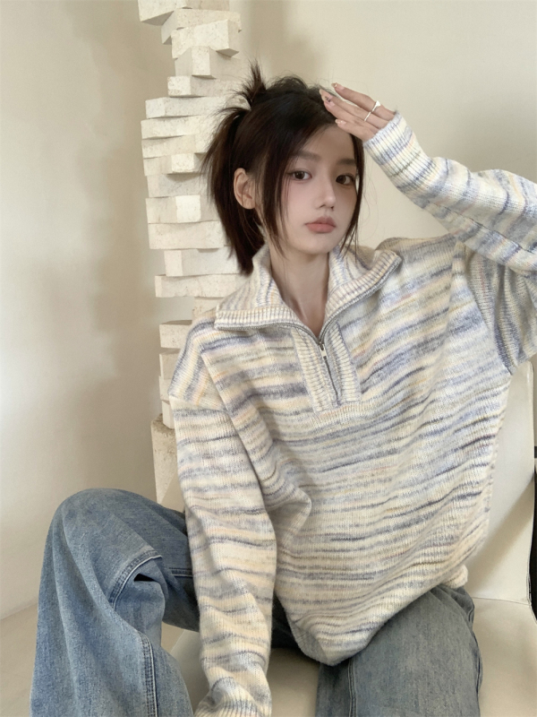 復古條紋撞色翻領針織毛衣女秋冬寬鬆休閒中長款百搭上衣