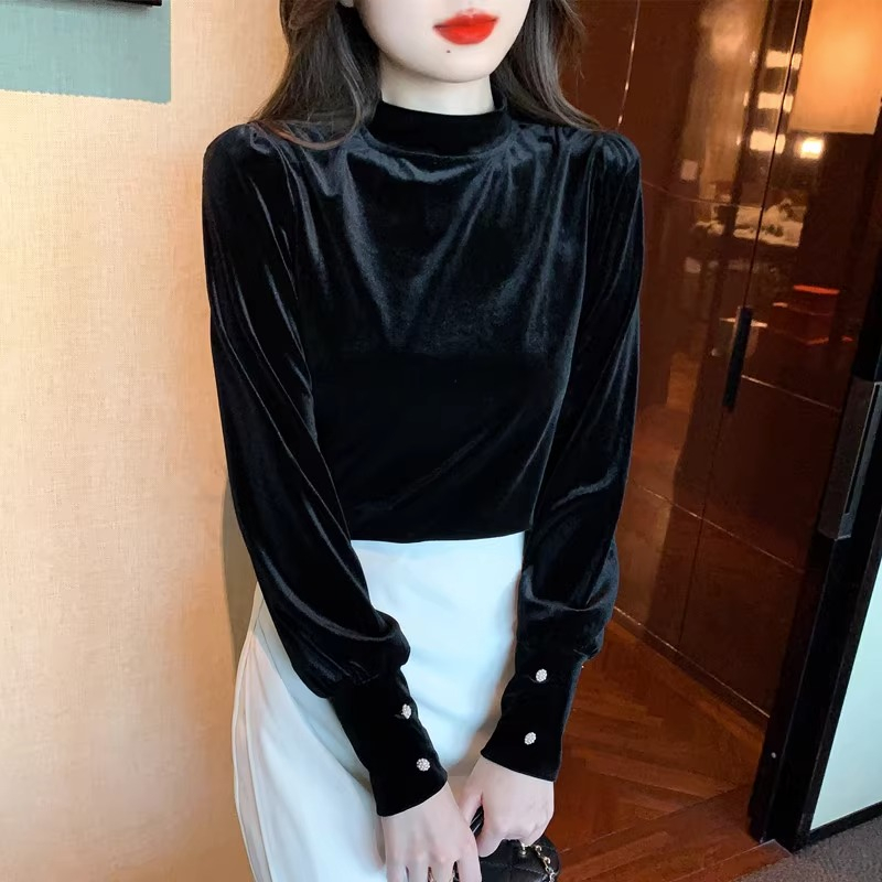 法式復古女秋裝2023新款設計感小眾正肩半高領長袖上衣