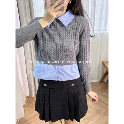 GEYINA Haute Couture S Home 23 Autumn French Contrast Color Shirt Collar Spliced ​​Diamond Decoration Inside Two Fake Knitted Tops