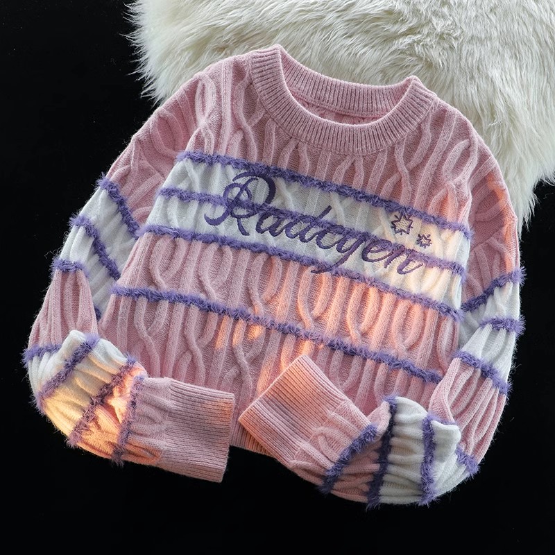 甜辣妹刺繡拼色條紋麻花毛衣女慵懶風軟糯短款針織衫上衣