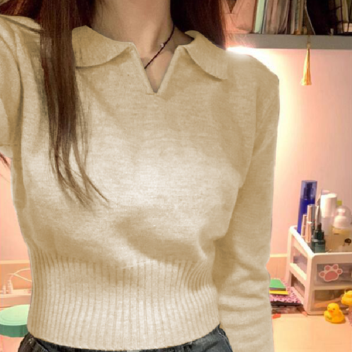 Autumn outfits for petite slim-fitting short long-sleeved bottoming sweater tops with polo collar and inner sweater for women in autumn and winter