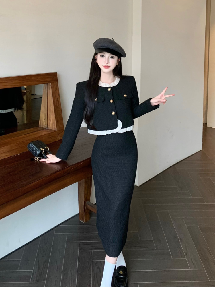 Actual shot of new design fashion suit, light luxury small fragrance jacket, high waist skirt, long skirt two-piece set