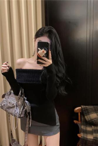 Actual shot of pure lust hottie one-shoulder fur top women's knitted bottoming shirt imitation mink velvet sweater