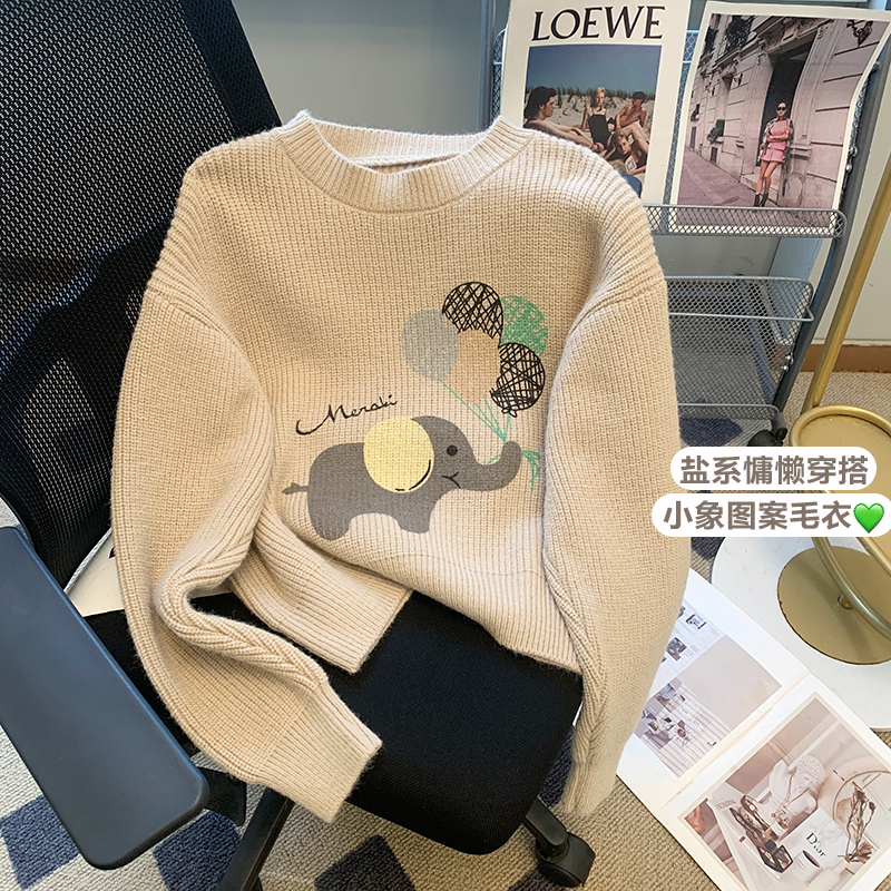 奶fufu慵懶風毛衣女秋冬季2023新款設計感小眾圓領套頭超好看上衣