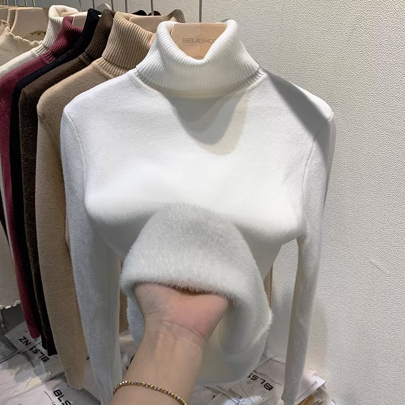 加絨加厚高領毛衣女秋冬一體水貂絨保暖打底衫女洋氣內搭上衣