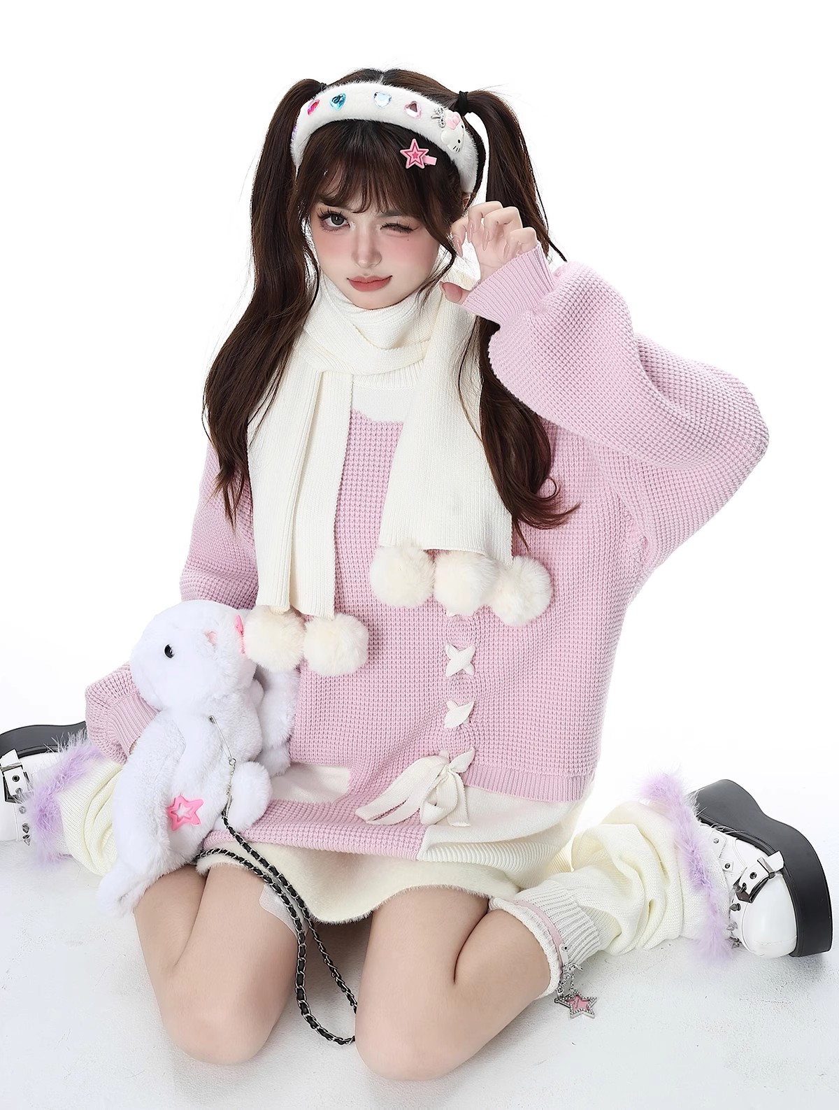 20233韓版crazygirl 白月光原創日系甜美少女愛心綁帶毛衣送圍領