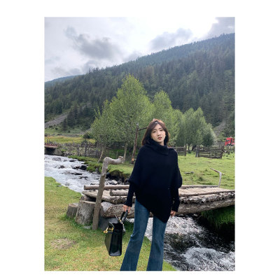 tina/百搭純色寬鬆型毛衣斗篷長袖套頭針織面料春秋堆堆領
