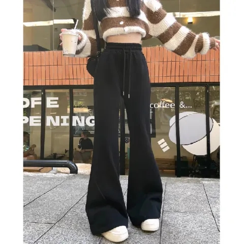 Original workmanship drawstring simple casual niche versatile design high waist slimming loose flared trousers