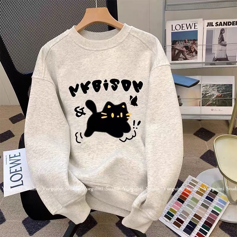 Gray funny cat round neck sweatshirt for women 2023 new spring and autumn plus velvet loose casual American top trend
