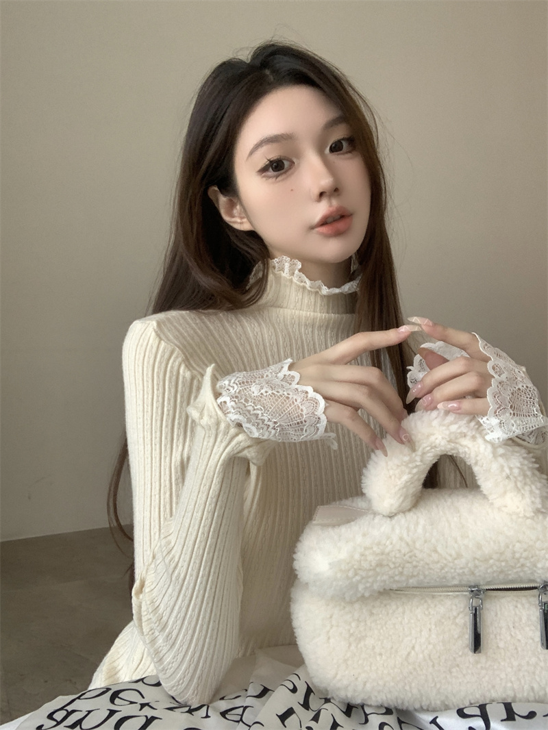 實拍 甜美蕾絲花邊拼接半高領毛衣女氣質顯毛針織打底衫