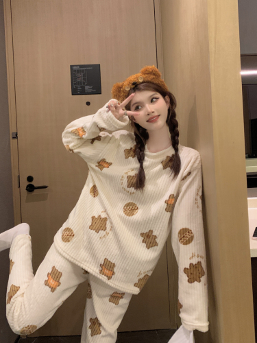 Actual shot ~ Autumn and winter new sweet printed coral velvet pajamas and pajamas, cute warm home clothes two-piece set