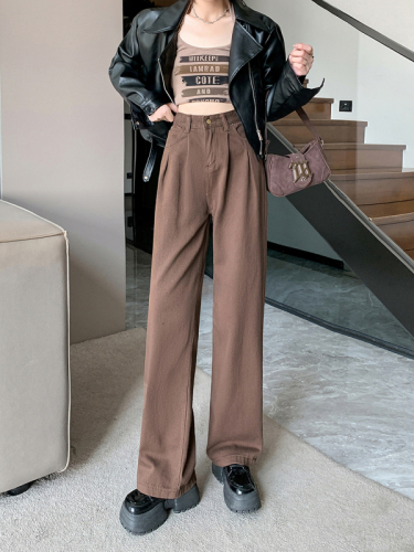 Actual shot ~ pleated retro brown denim wide leg pants women's high waist slim straight pants autumn long pants