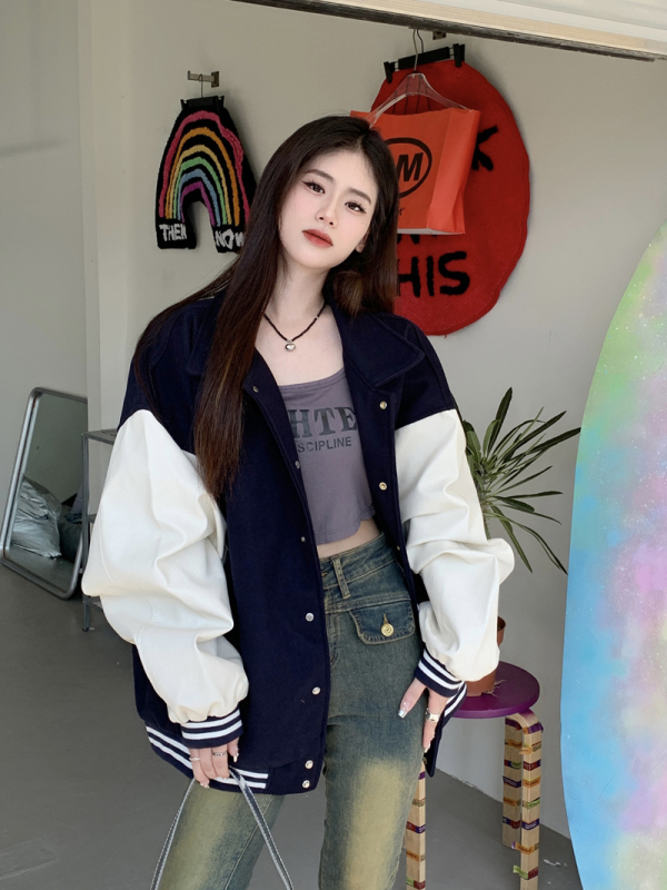 Actual shot of new American retro lapel woolen PU leather splicing casual versatile couple style thickened stick suit