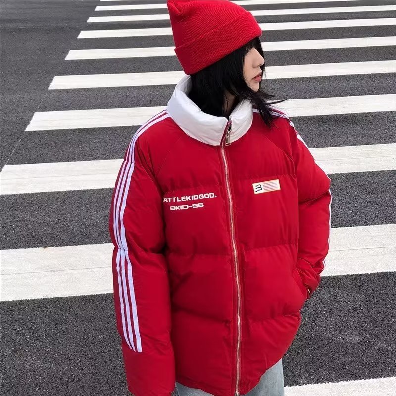 2023新款國潮條紋旗幟棉衣棉服防風秋冬加厚情侶麵包服外套