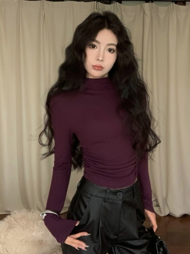 Real shot of autumn and winter versatile figure-showing pleated purple long-sleeved T-shirt for women thickened brushed half turtleneck bottoming shirt