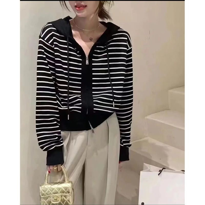 2023 spring and autumn all-match color block striped knitted hoodie women's cardigan double zipper sweater jacket sweatshirt women's trend