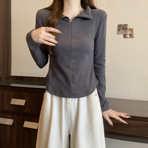 Real shot of high-waisted short tight-fitting polo zipper long-sleeved T-shirt bottoming shirt for women in autumn and winter with thin velvet right-shoulder top