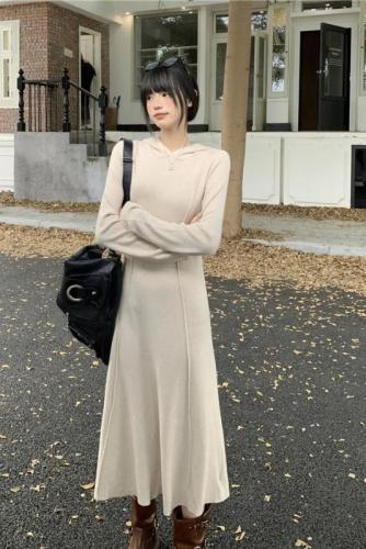 Actual shot, autumn and winter~Korean style hooded knitted long dress, elegant solid color coat with skirt underneath