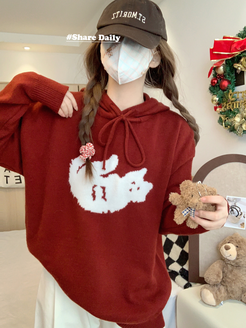 實拍 聖誕紅色加厚連帽毛衣女寬鬆慵懶風韓系針織衫上衣外套