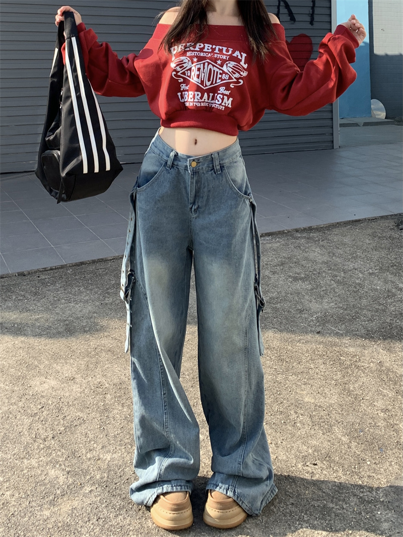Real shot!  !  !  Niche design jeans for women, elastic, slim, loose, straight, wide-leg design pants