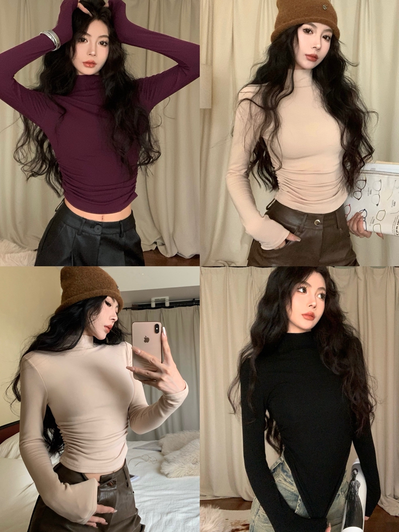 Real shot of autumn and winter versatile figure-showing pleated purple long-sleeved T-shirt for women thickened brushed half turtleneck bottoming shirt