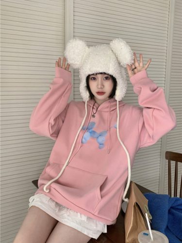 Actual shot of autumn and winter Korean style chic sweet and versatile hooded puppy print Korean loose plus velvet long-sleeved sweatshirt for women