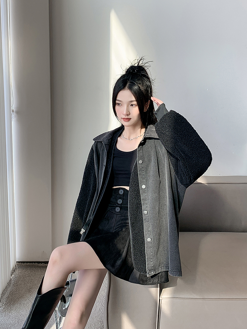 Actual shot~ Designed loose-fitting imitation sherpa patch-sleeve shirt jacket + imitation lamb vest two-piece suit