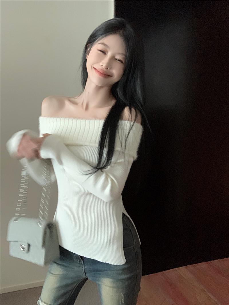 Actual shot of pure lust hottie one-shoulder fur top women's knitted bottoming shirt imitation mink velvet sweater