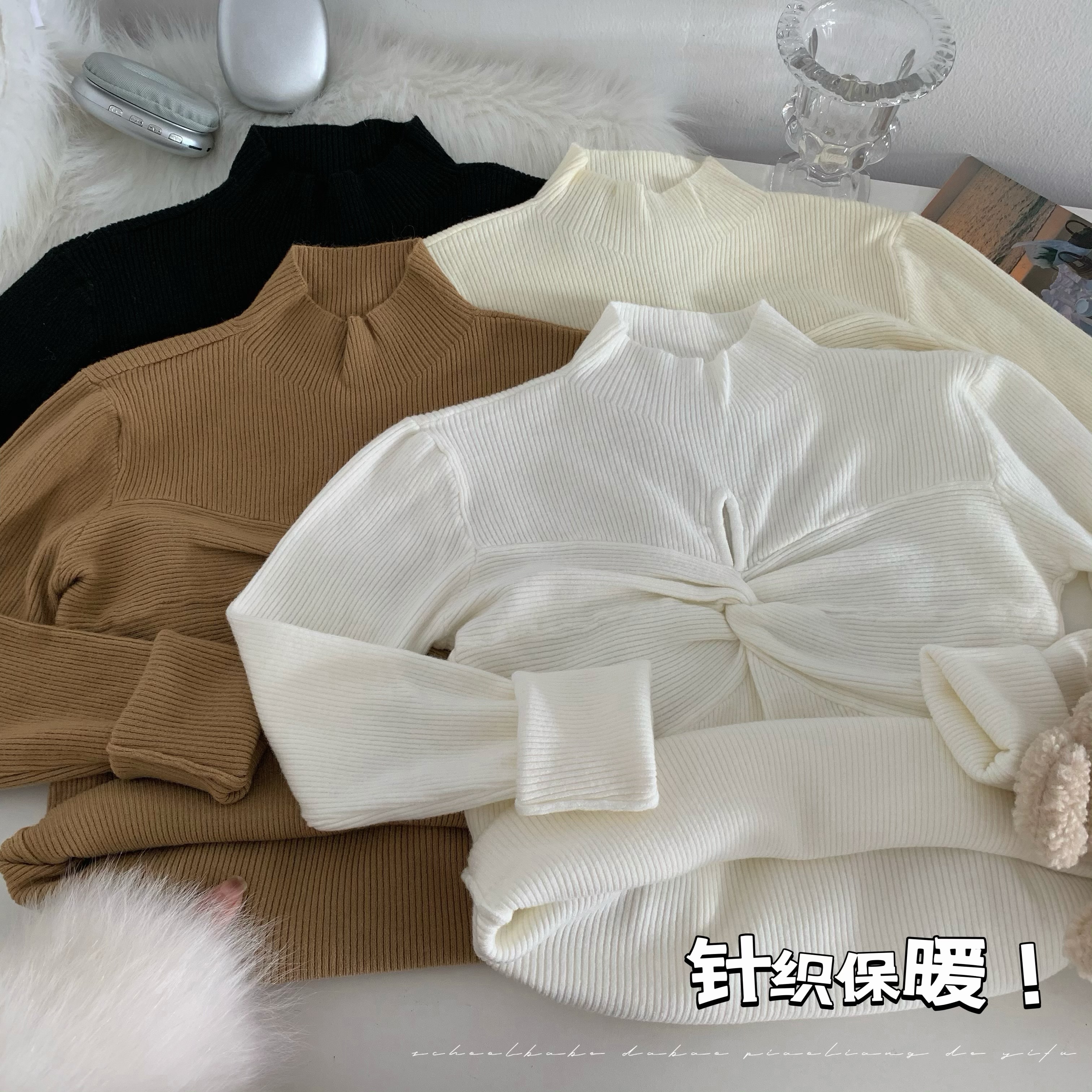 實拍 韓版chic修身顯瘦長袖針織衫V領打結坑條紋上衣