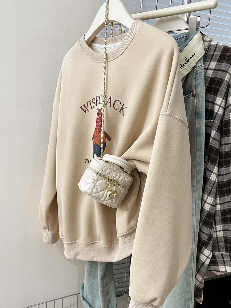 American retro round neck pullover plus velvet thickened sweatshirt for women 2023 new design niche printed loose top