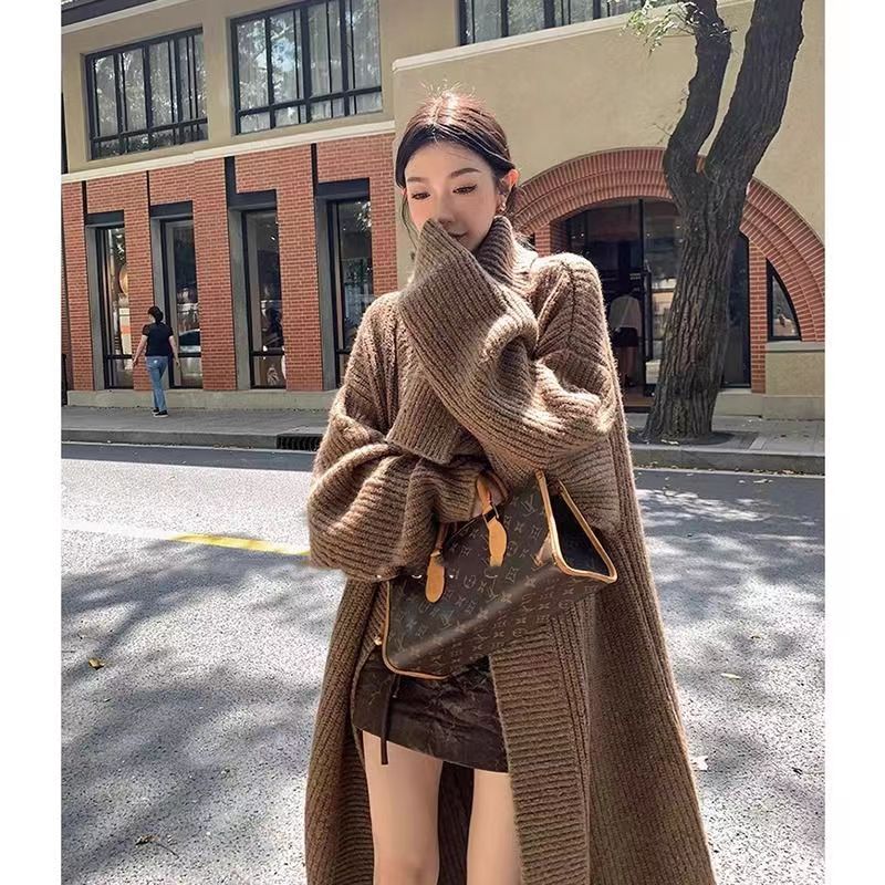 秋冬復古慵懶風氣質大翻領長款過膝毛衣外套女小眾寬鬆針織開衫潮