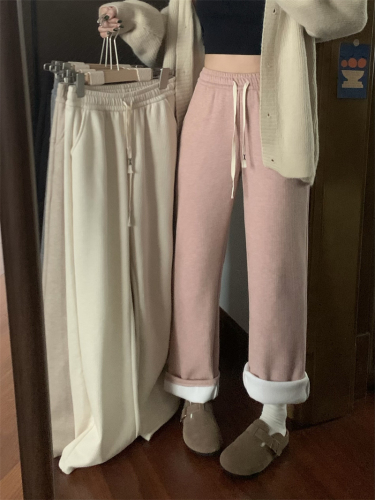 Real shot of autumn and winter thickened cashmere wide-leg high-waisted slim drawstring with pockets straight all-match casual pants