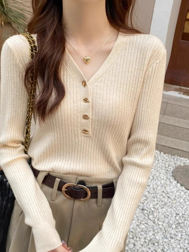 設計感V領長袖針織衫上衣秋季女裝新款時尚氣質修身小眾別致上衣