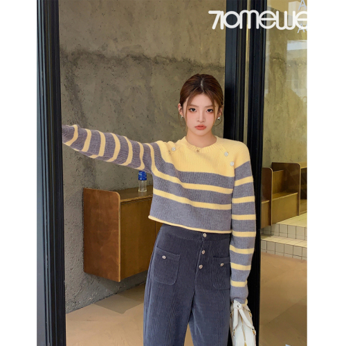 Quality Metal Buckle Contrast Color Striped Sweater Women's New Loose Soft Waxy Lazy Knitted Sweater Autumn and Winter